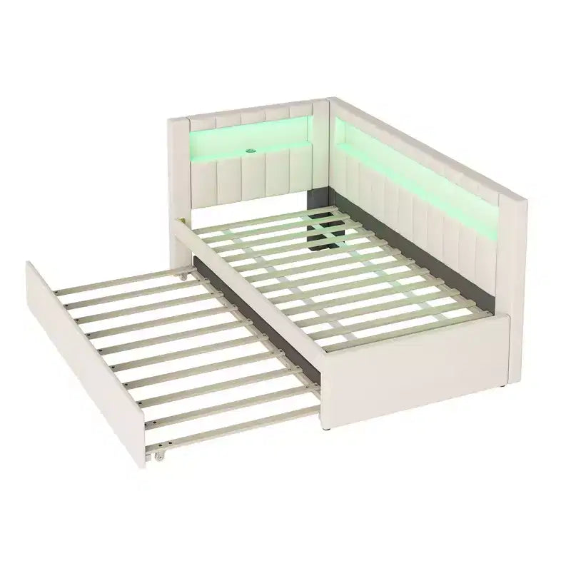 Lit de repos double/complet avec tiroir gigogne et tête de lit bibliothèque en L, lit d'angle doux rembourré en lin avec étagères de rangement et bande LED