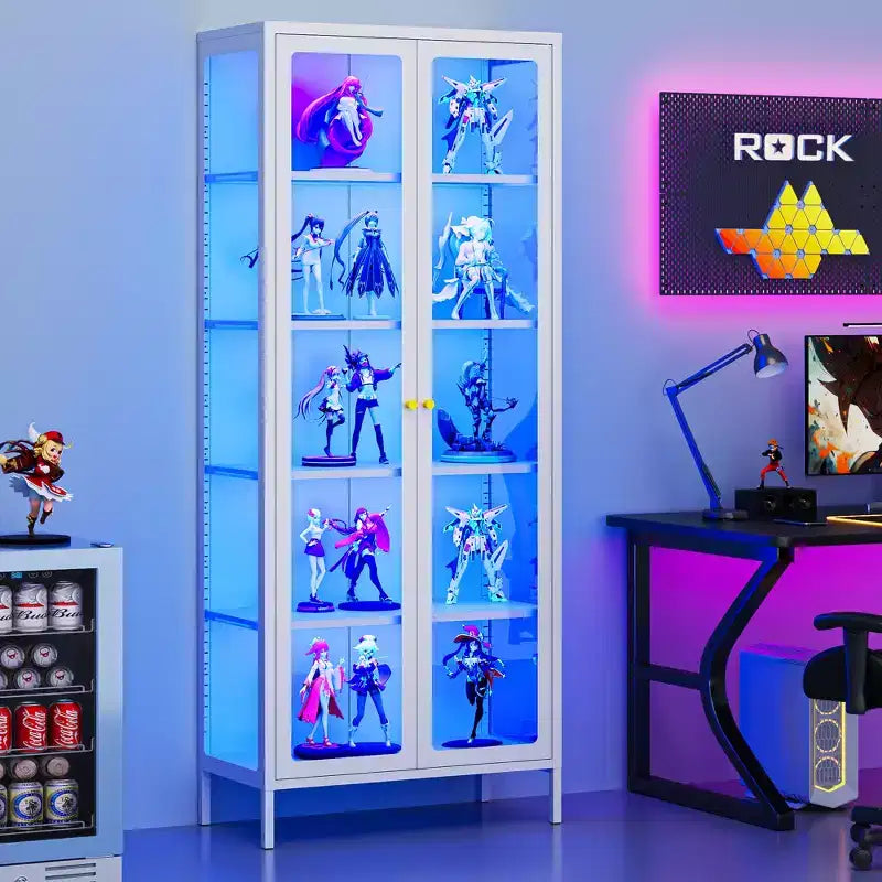Bekrvio 67H Vitrine en Verre à 3 Côtés avec Lumières LED, Rangement à 5 Niveaux avec Double Porte et Cadre Métallique pour Objets de Collection, Idéale pour les Petits Espaces