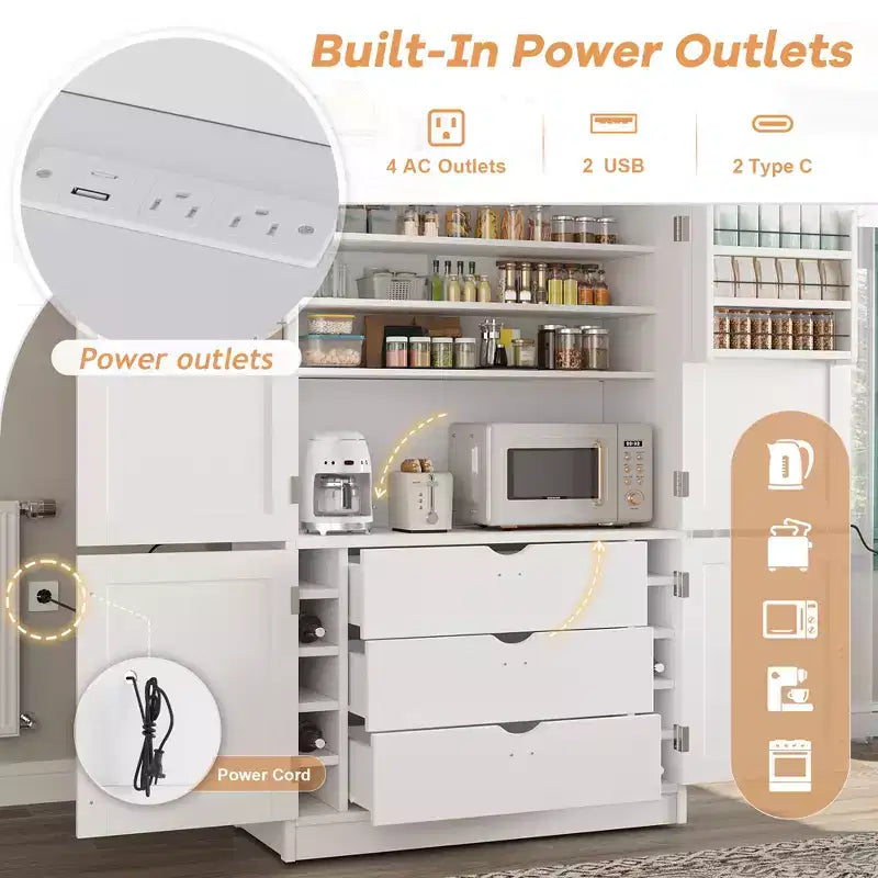 Grand meuble de garde-manger de cuisine avec prises électriques, grand placard autoportant avec support pour micro-ondes, tiroirs, étagères, casiers à vin et étagère de porte