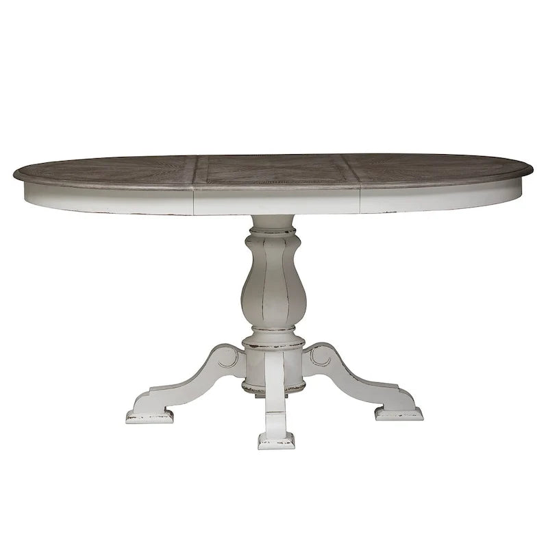 Table à dîner ronde sur pied Magnolia Manor avec rallonges escamotables - 2 finitions
