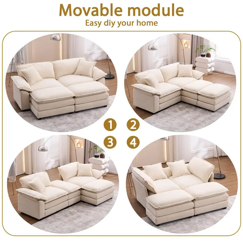 Canapé 2 places avec 2 coussins de siège, 2 oreillers et 2 poufs, canapé confortable - Canapé profond de salon, canapé modulable
