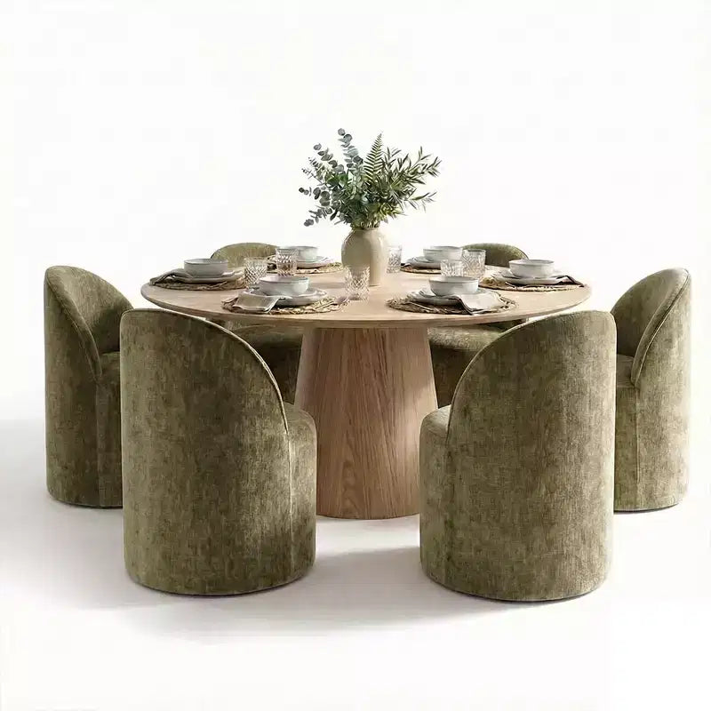 Ensemble de salle à manger moderne pour 6 personnes, table à manger ronde avec pied central, chaises de salle à manger pivotantes à roulettes, tissu chenille texturé - Panipeachy