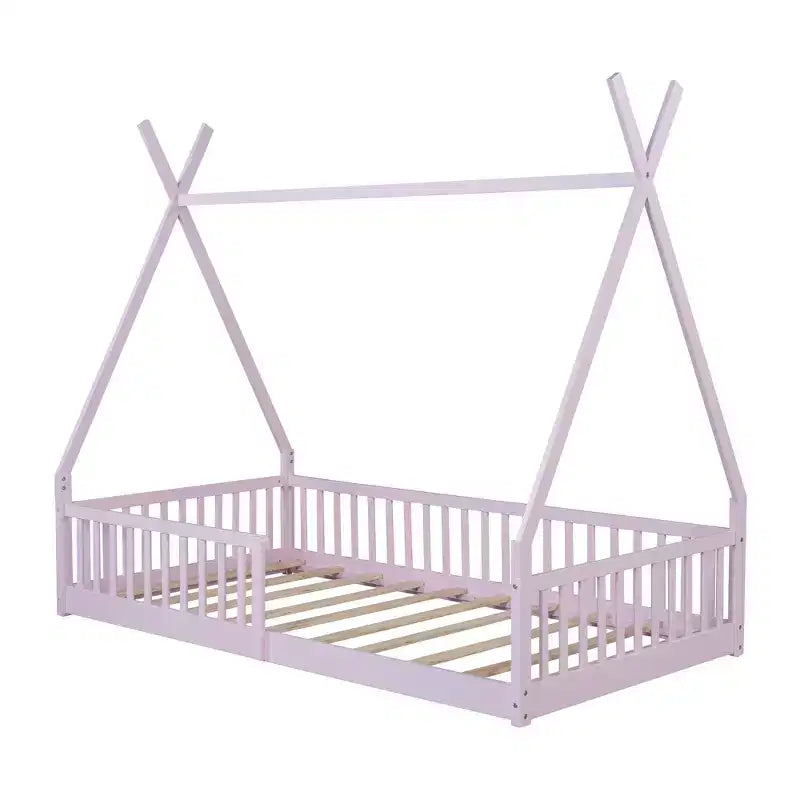 Lit de sol pour enfants, lits cabane doubles, lit de sol Montessori avec lattes et barrières de protection, cadre de lit cabane en bois pour garçons et filles