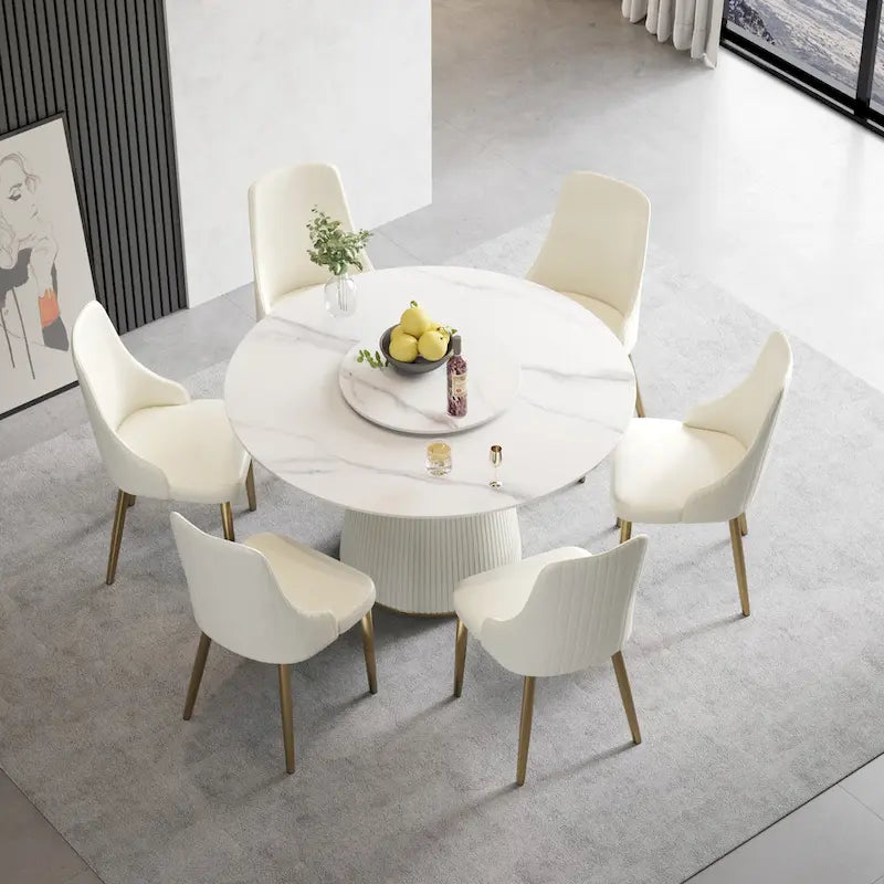 Table à manger ronde de 53 po pour 6 personnes avec plateau en pierre frittée et plateau tournant