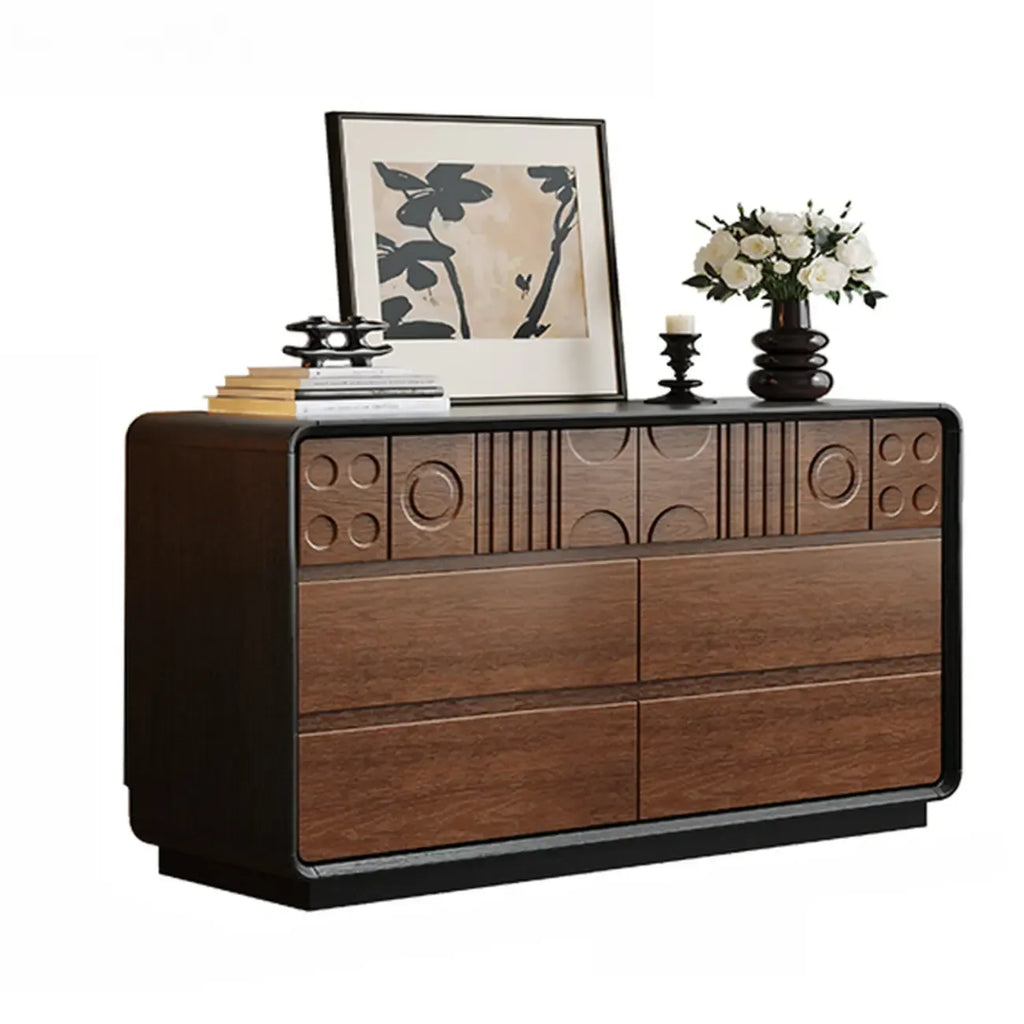 Commode en bois d'inspiration Art déco avec sculptures géométriques