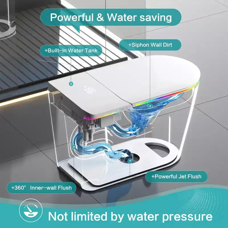 Toilettes intelligentes Dyonery, monobloc sans réservoir avec bouclier en mousse, couvercle à ouverture/fermeture automatique, bidet et séchoir chauffants, veilleuse LED, chasse d'eau automatique