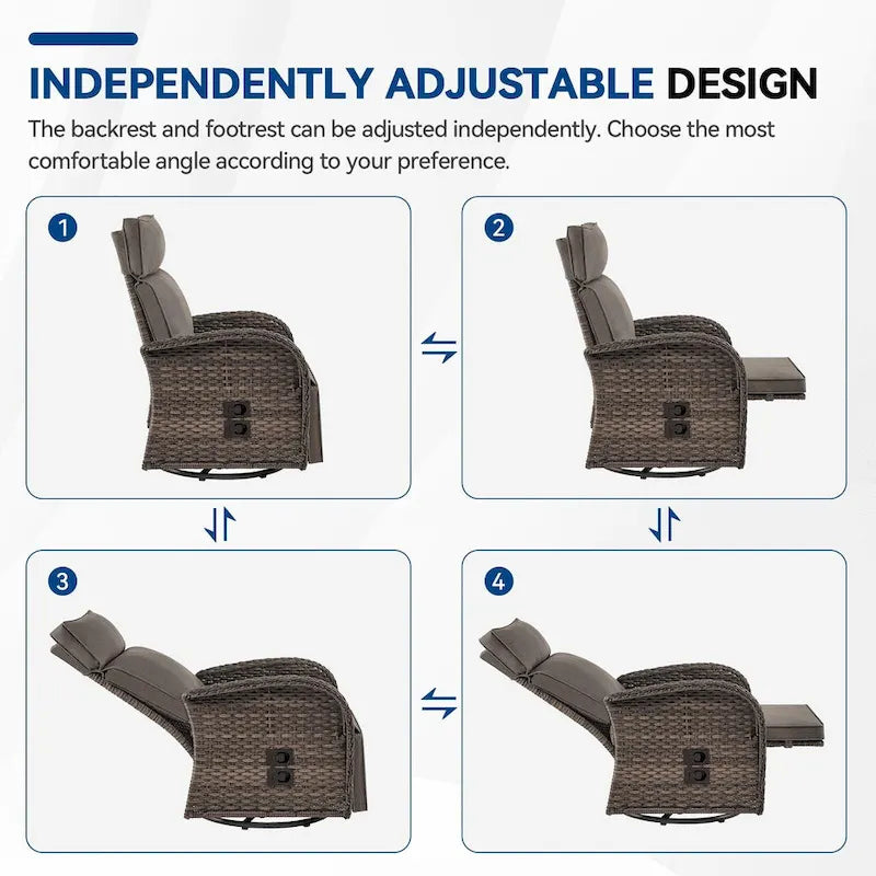 Pocassy 3 PCS Fauteuil inclinable d'extérieur polyvalent avec table d'appoint Coussin gris
