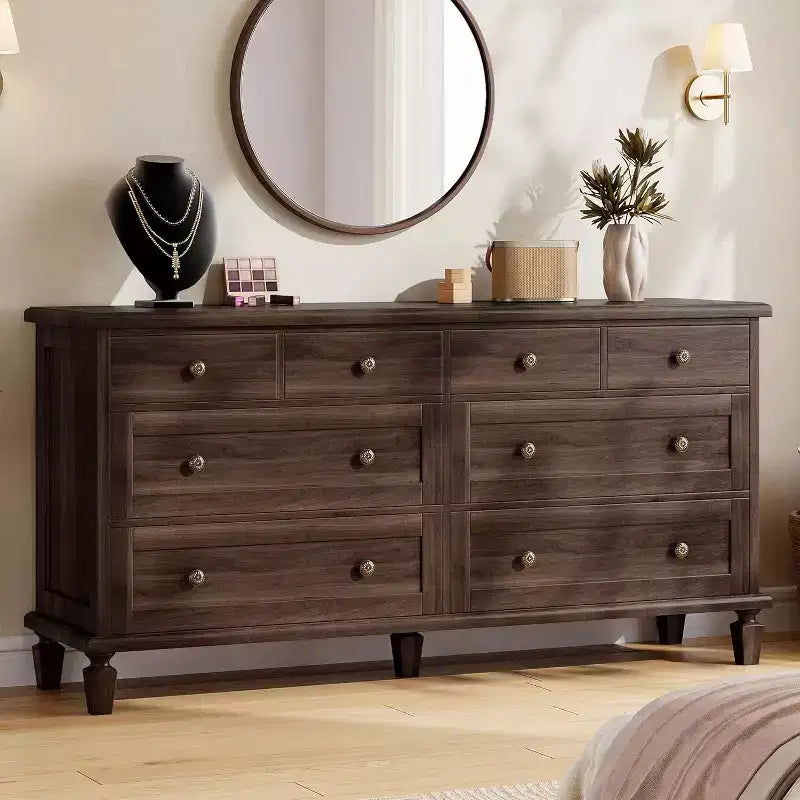 Commode à 8 tiroirs pour chambre à coucher, meuble TV vintage de 59 po avec poignées sculptées et pieds fuselés, commode en bois avec grande capacité de rangement