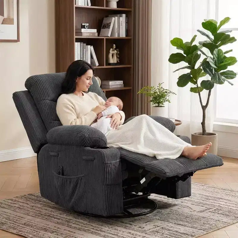 Fauteuil inclinable surdimensionné 360 pivotant et berçant avec massage et chaleur - Fauteuil de salon ergonomique avec porte-gobelets, poches latérales pour salon, chambre de bébé