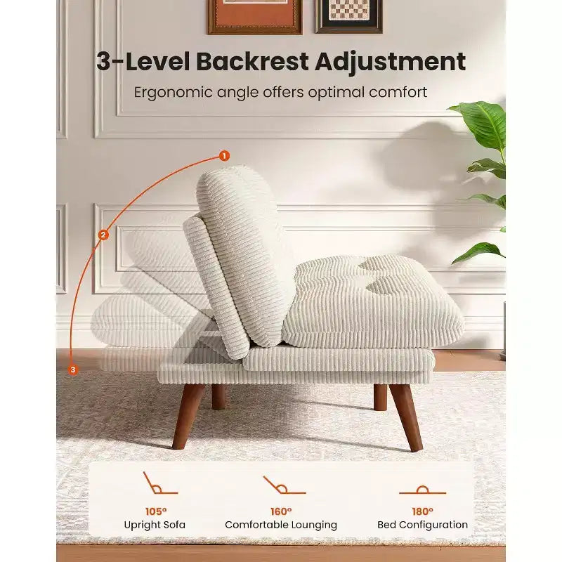 Canapé-lit 168 cm en velours côtelé, avec dossier et accoudoirs réglables, idéal pour les petits espaces, les salons ou les bureaux comme futon.