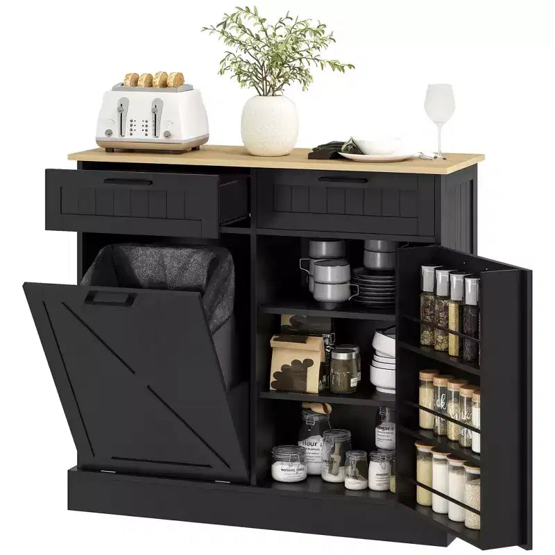 Meuble poubelle coulissant HOMCOM avec tiroirs, meuble de cuisine de style campagnard avec poubelle cachée pour la cuisine