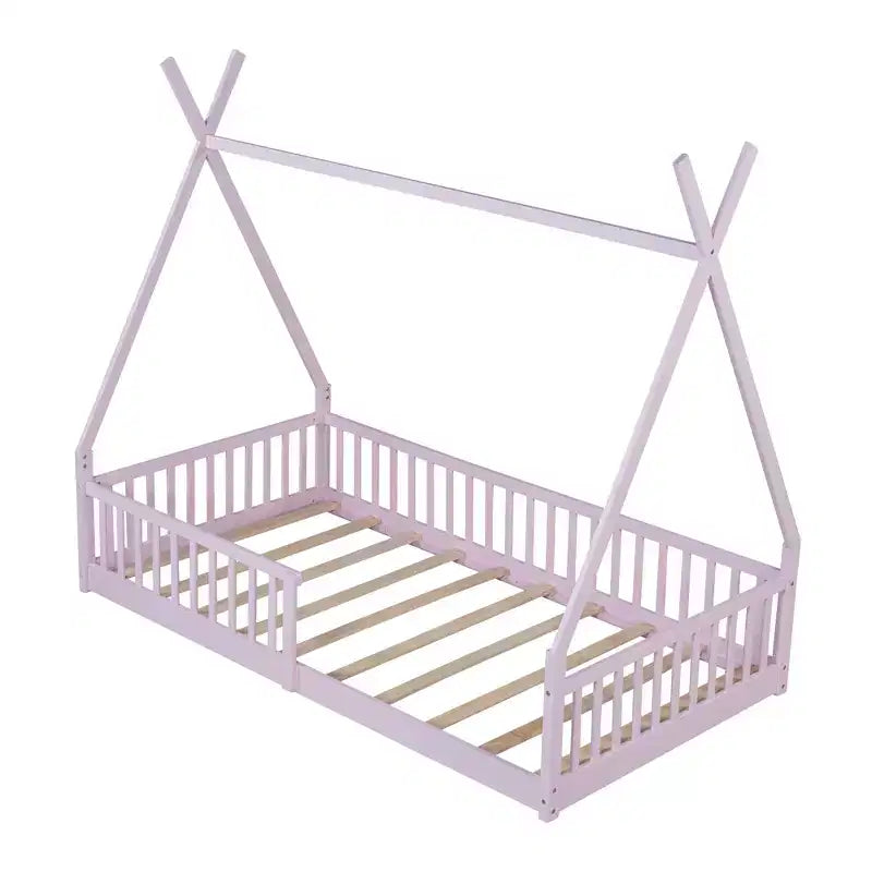 Lit de sol pour enfants, lits cabane doubles, lit de sol Montessori avec lattes et barrières de protection, cadre de lit cabane en bois pour garçons et filles