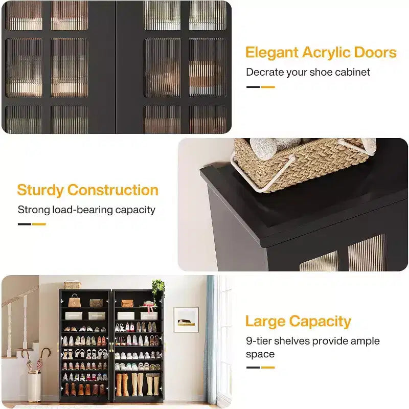 Meuble à chaussures haut Lantine avec portes, rangement à chaussures à 8 niveaux avec étagères réglables, armoire à chaussures moderne pour couloir, placard, salon, blanc