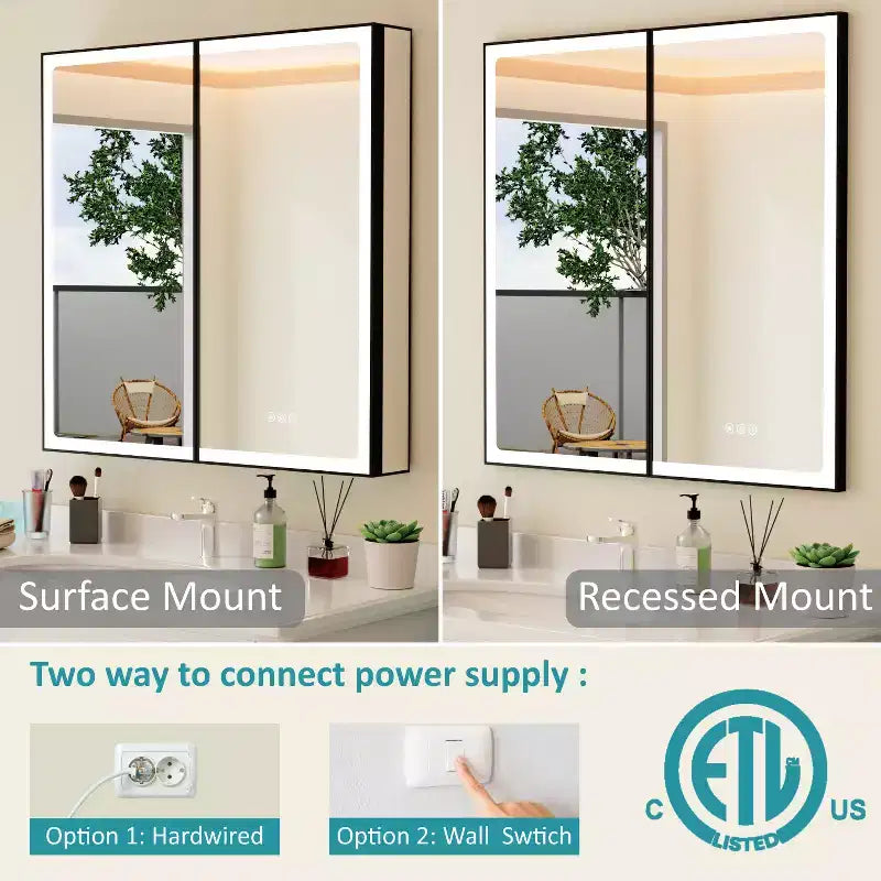 Armoire de toilette avec miroir LED, montage en saillie ou encastré, lumière dimmable, anti-buée, étagères réglables