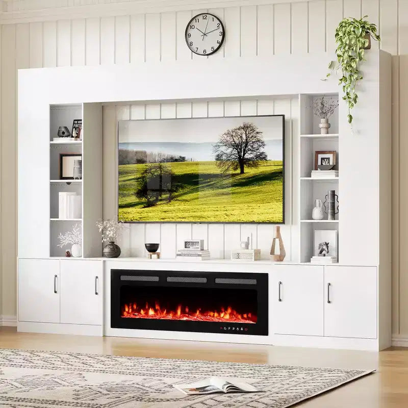Meuble TV mural EROMMY 112L avec cheminée et lumières LED