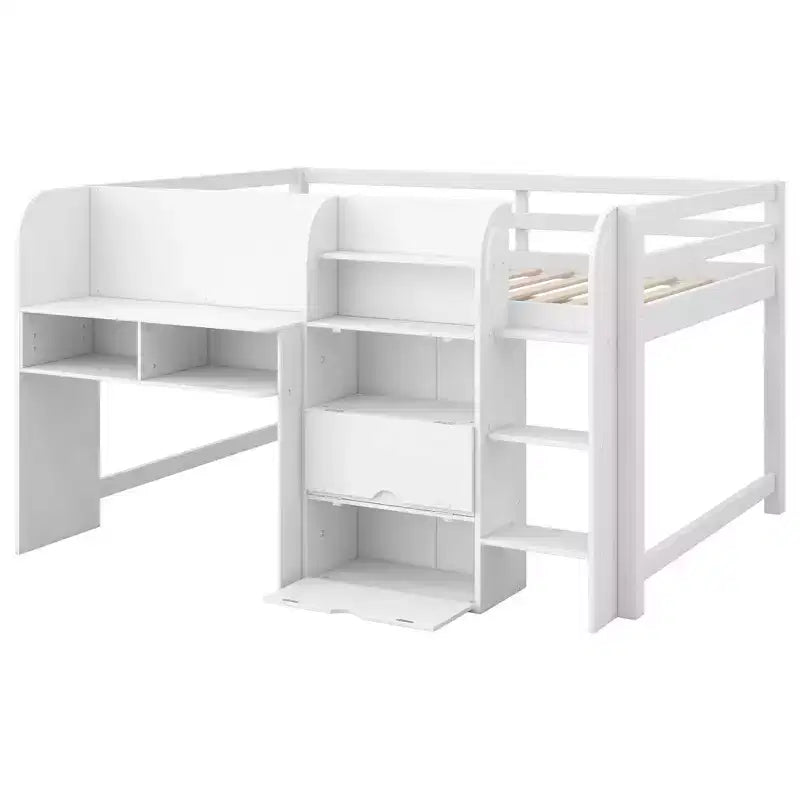 Lit mezzanine bas rose et blanc avec bureau, rangements et tableau blanc – Jumeau, 1 personne