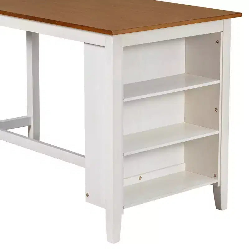 Ensemble table et chaises Homy Casa 5 pièces hauteur comptoir avec étagères de rangement, blanc et noyer, style ferme moderne