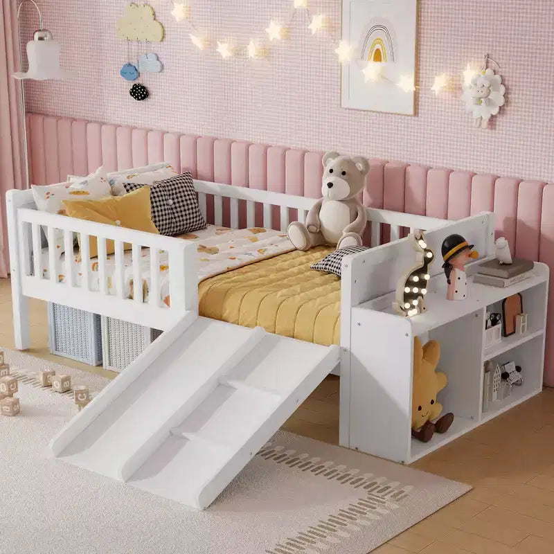Lit superposé simple Whisen pour enfant avec toboggan, étagère de rangement mobile, balustrades, cadre de lit mezzanine bas