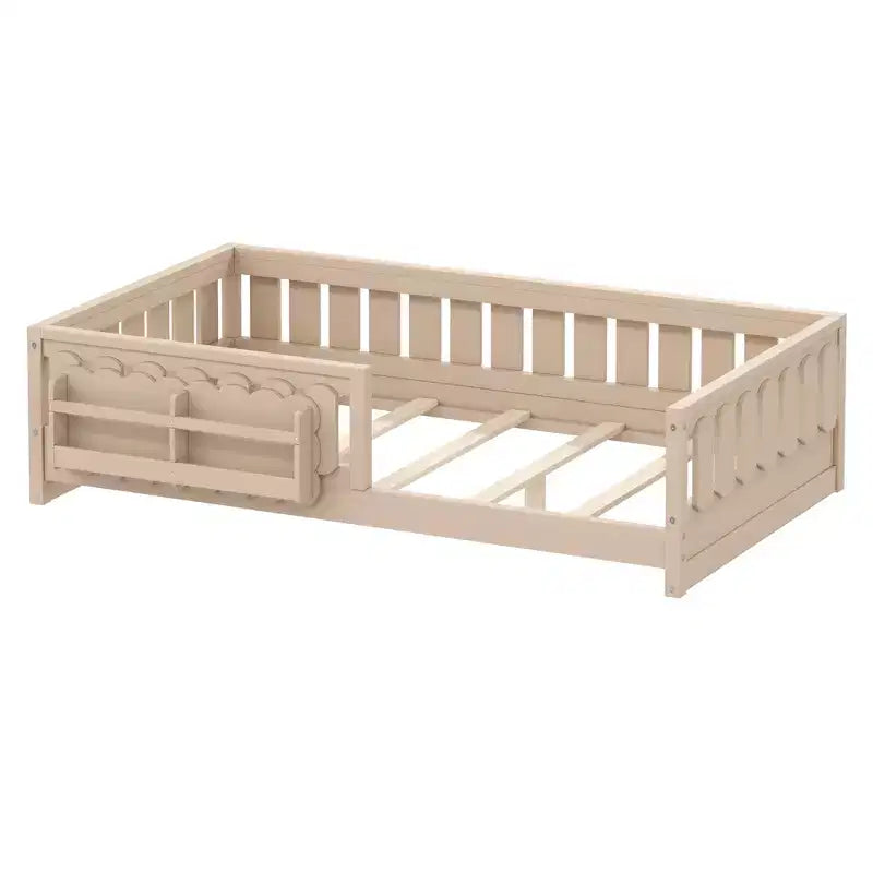 Cadre de lit plateforme pour enfant, tailles jumeau et double, avec barrière de sécurité, étagères intégrées et rangements