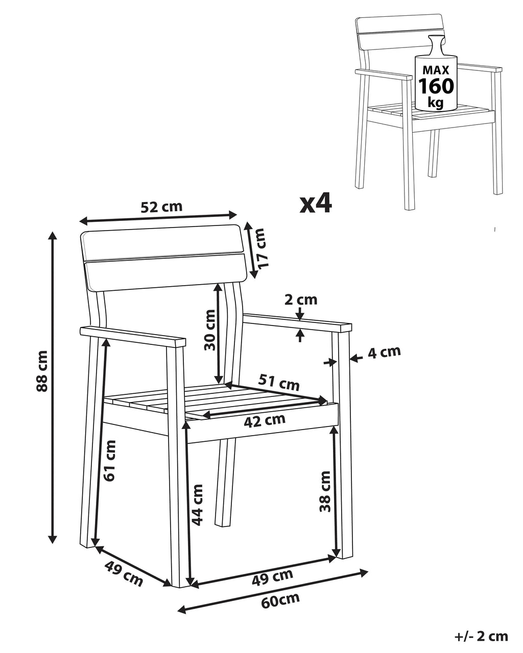 de 4 chaises de jardin Bois d'acacia Marron