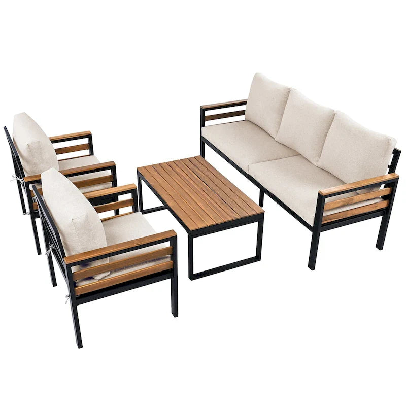 Ensemble de canapés d'extérieur 4 pièces pour 5 personnes avec table basse en bois massif et coussins amovibles