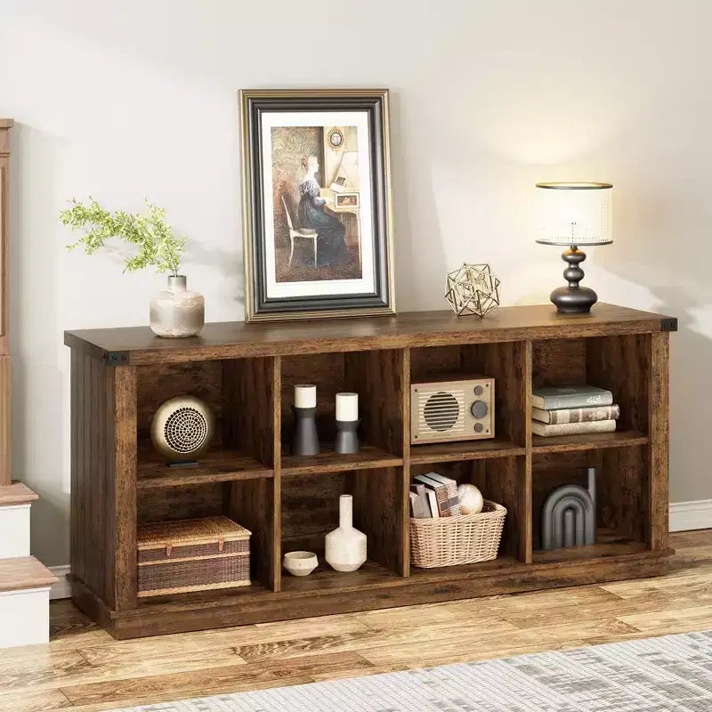 Étagère de rangement à 8 cubes, bibliothèque horizontale de style ferme, bibliothèque de rangement en bois de 157 cm pour entrée, étagères basses et longues pour salon