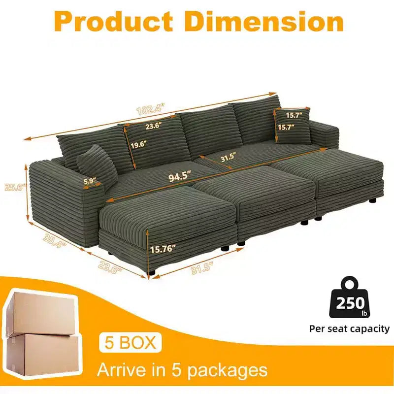 102.4 Canapé convertible 4 places en velours côtelé avec poufs – Vert