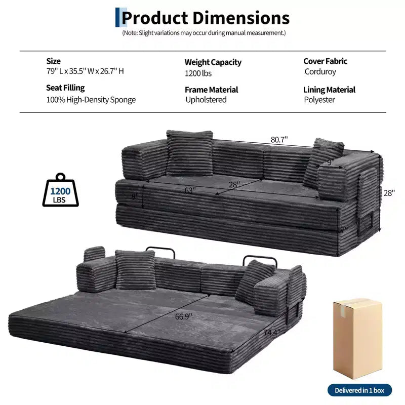 Canapé-lit convertible 5-en-1 80,7 po – Velours côtelé, 1200 lb, Aucun assemblage