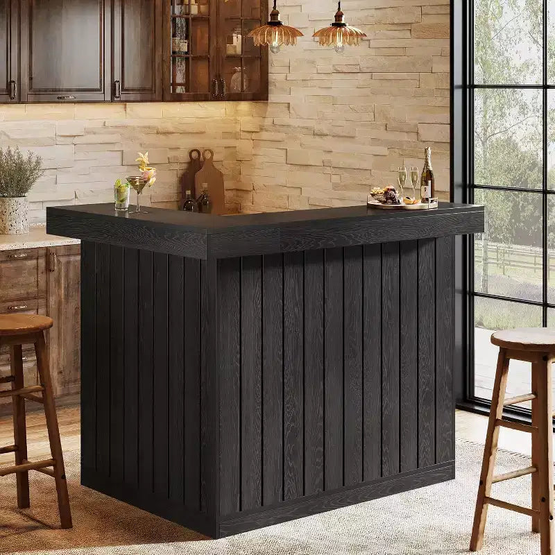 Bar de salon en L Lantine, bar à liqueurs d'angle à 4 niveaux avec étagères de rangement et porte-verres à vin pour pub à domicile
