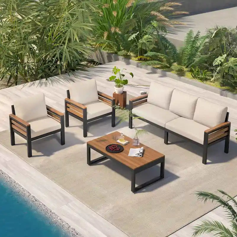 Ensemble de canapés d'extérieur 4 pièces pour 5 personnes avec table basse en bois massif et coussins amovibles