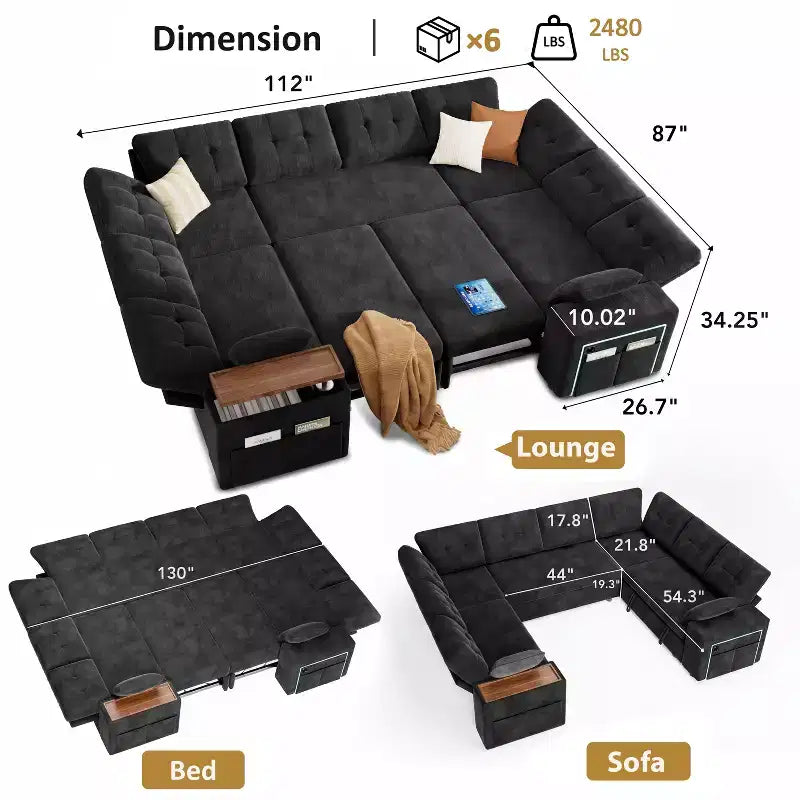 Dyonery 112 Canapé modulaire convertible avec lit gigogne, canapé d'angle en U avec rangement, canapés extra larges et profonds pour salon