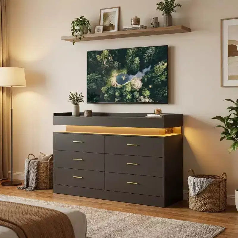 Meuble TV moderne avec 6 tiroirs et lumières LED, bar à café flottant pour centre de divertissement de salon