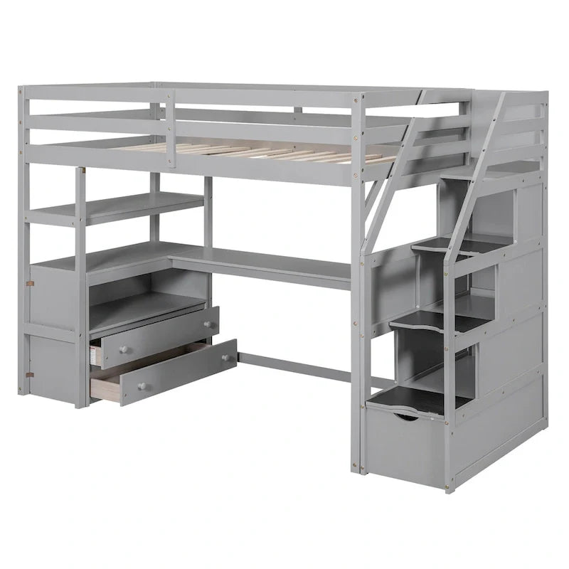 Lit mezzanine taille jumeau avec bureau et étagères, deux tiroirs intégrés, escalier de rangement