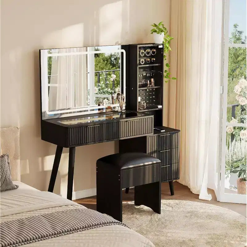 Coiffeuse de maquillage cannelée de 48 pouces avec grand miroir et lumières, coiffeuse de maquillage moderne avec station de charge et tabouret de rangement rembourré pour la maison