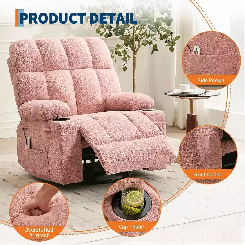 Fauteuil inclinable surdimensionné pour adultes, canapé berçant pivotant manuel, poches latérales et porte-gobelets pour personnes fortes et de grande taille, salon