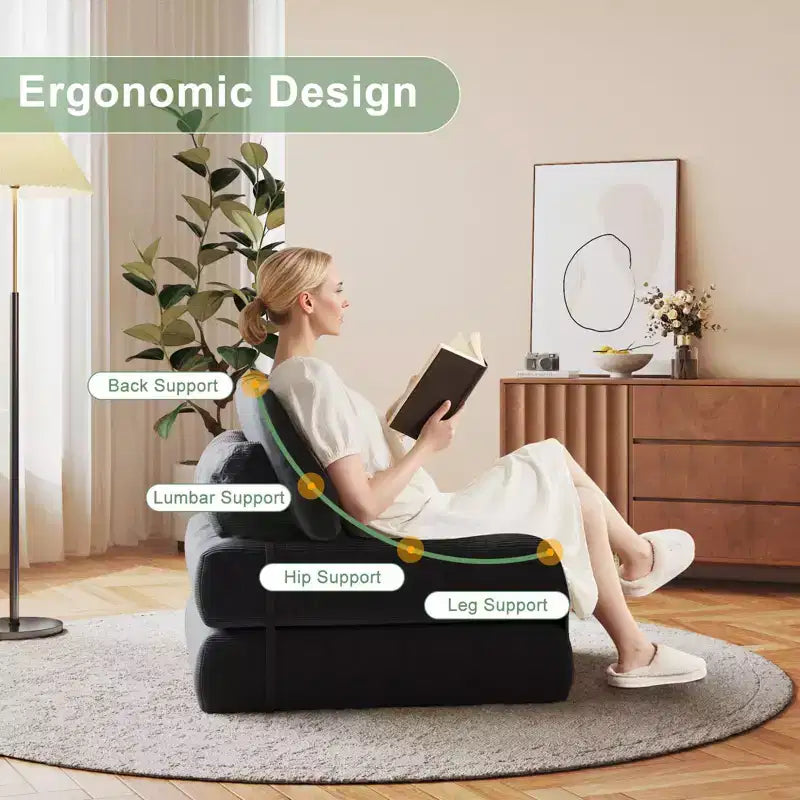 Canapé-lit futon pliant entièrement en velours côtelé, chaise de couchage convertible au sol avec oreiller et dossier