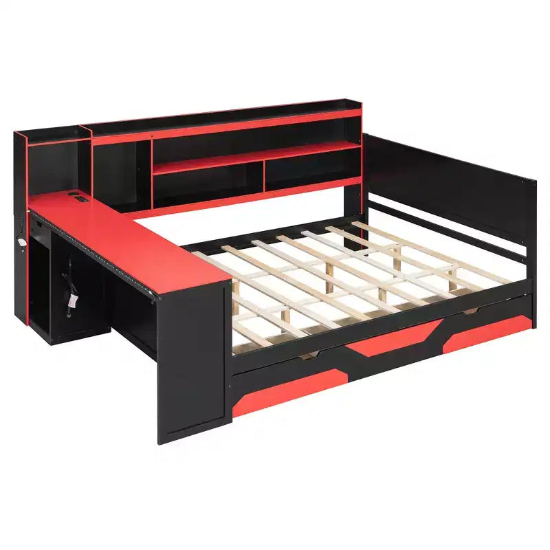 Lit de repos de jeu double/grand avec tête de lit bibliothèque, lumières LED, bureau intégré, tiroirs et station de charge