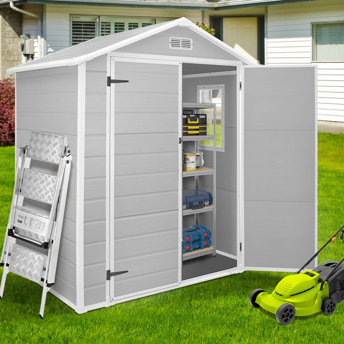 Abri de jardin en résine toutes saisons avec plancher, 1,8 m x 1,2 m/1,8 m x 2,4 m/2,4 m x 1,8 m/2,4 m x 3 m, Spire Tool Shed