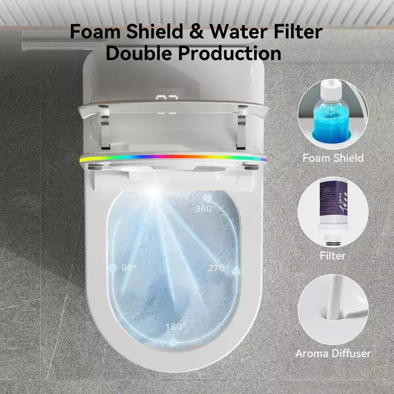 Toilettes intelligentes Dyonery, monobloc sans réservoir avec bouclier en mousse, couvercle à ouverture/fermeture automatique, bidet et séchoir chauffants, veilleuse LED, chasse d'eau automatique