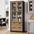 Vaisselier de cuisine de ferme avec portes vitrées, Armoire de rangement de 183 cm avec tiroirs et étagères réglables pour salle à manger, salle de bain, salon