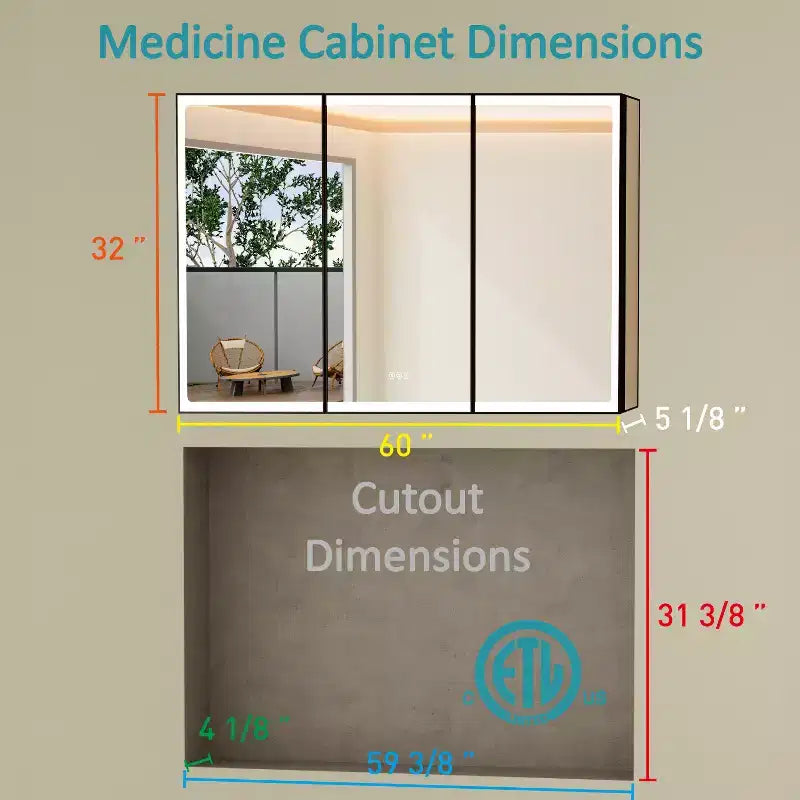 Armoire de toilette avec miroir LED, montage en saillie ou encastré, lumière dimmable, anti-buée, étagères réglables