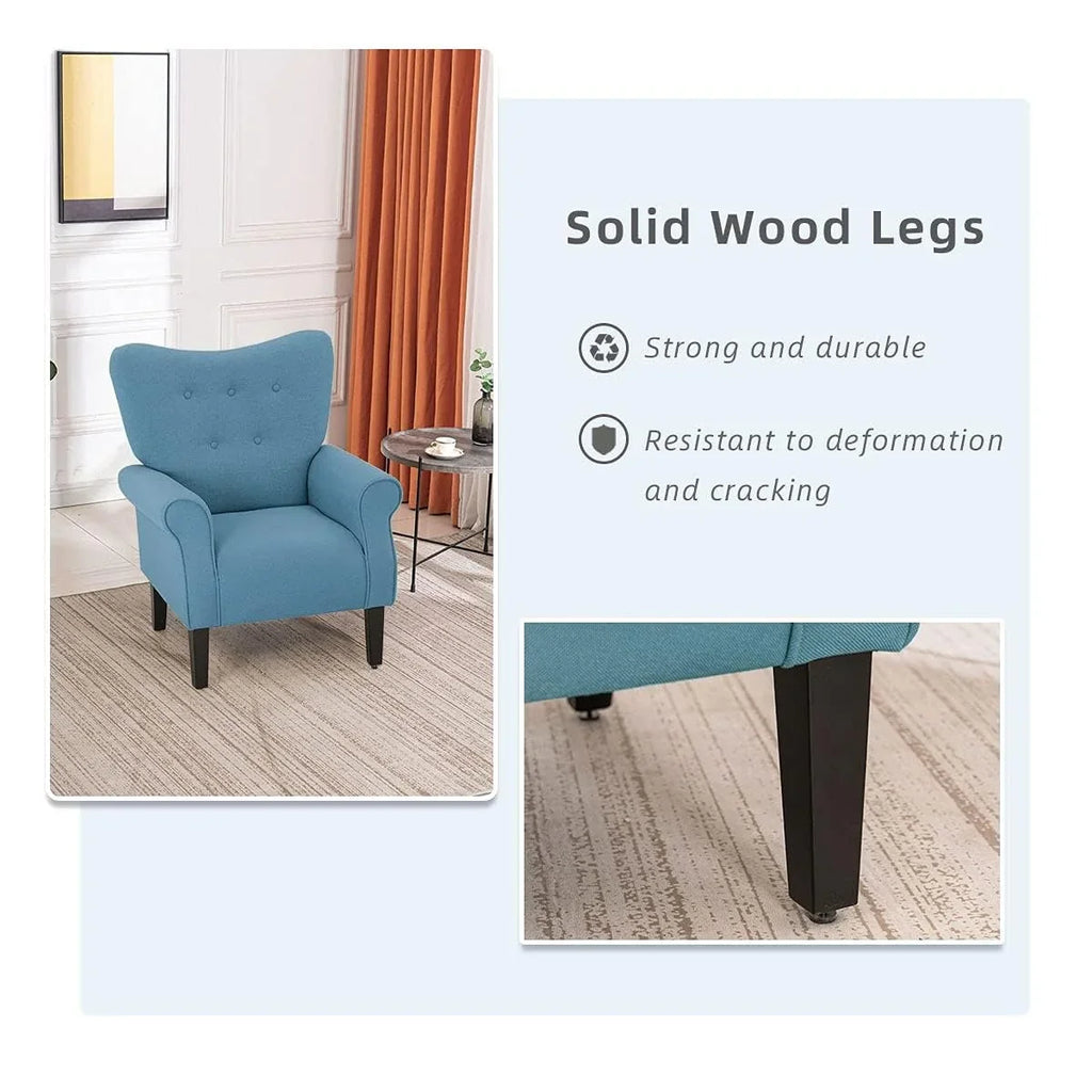 Fauteuil d'appoint moderne Erommy, fauteuil à dossier haut, canapé simple en tissu rembourré avec boutons et pieds en bois pour salon