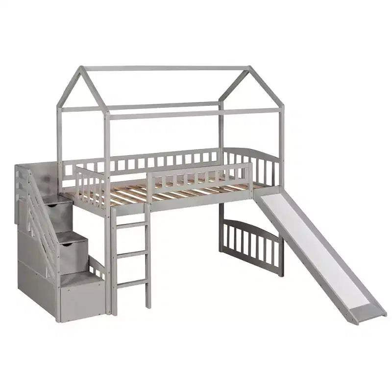 Lit mezzanine jumeau avec toboggan et escalier, lit mezzanine avec tiroirs de rangement, lit mezzanine cabane en bois pour enfants et tout-petits