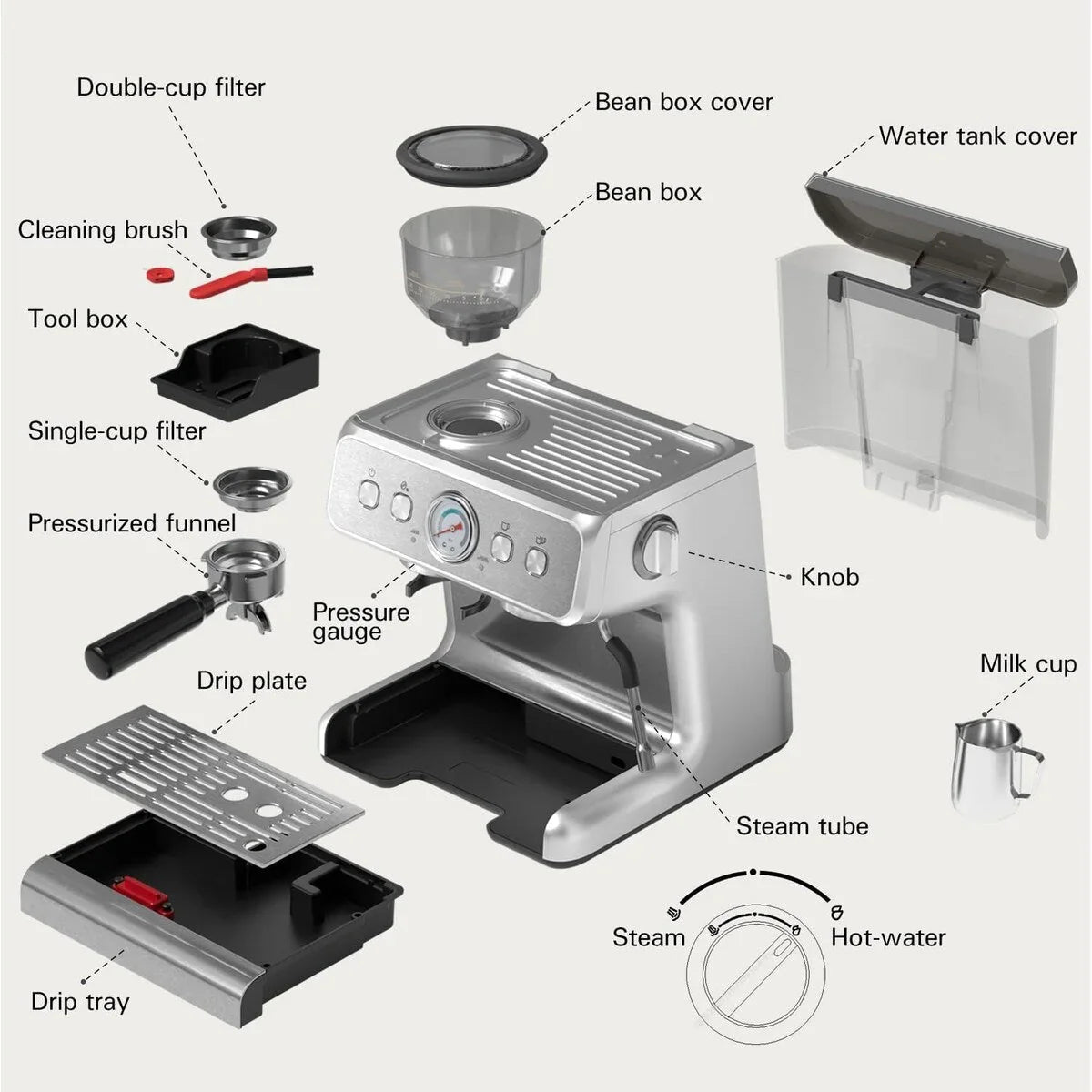 Machine à café semi-automatique avec contrôle intelligent de la température et fonction eau chaude, 30 réglages de mouture
