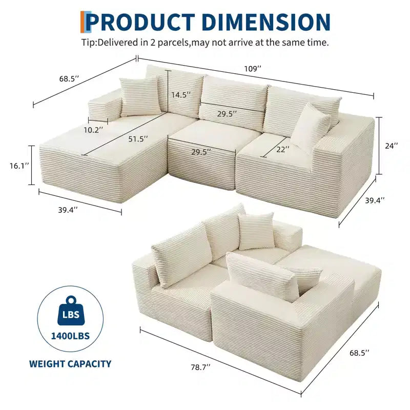 108 Modern Sofa Couch, 3 Seater Upholstered L Shaped Sofa with Pillows, Deep Seat Sofa, No Assembly Required