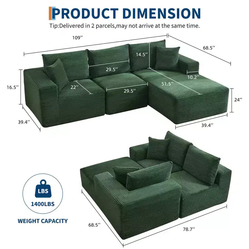 108 Modern Sofa Couch, 3 Seater Upholstered L Shaped Sofa with Pillows, Deep Seat Sofa, No Assembly Required