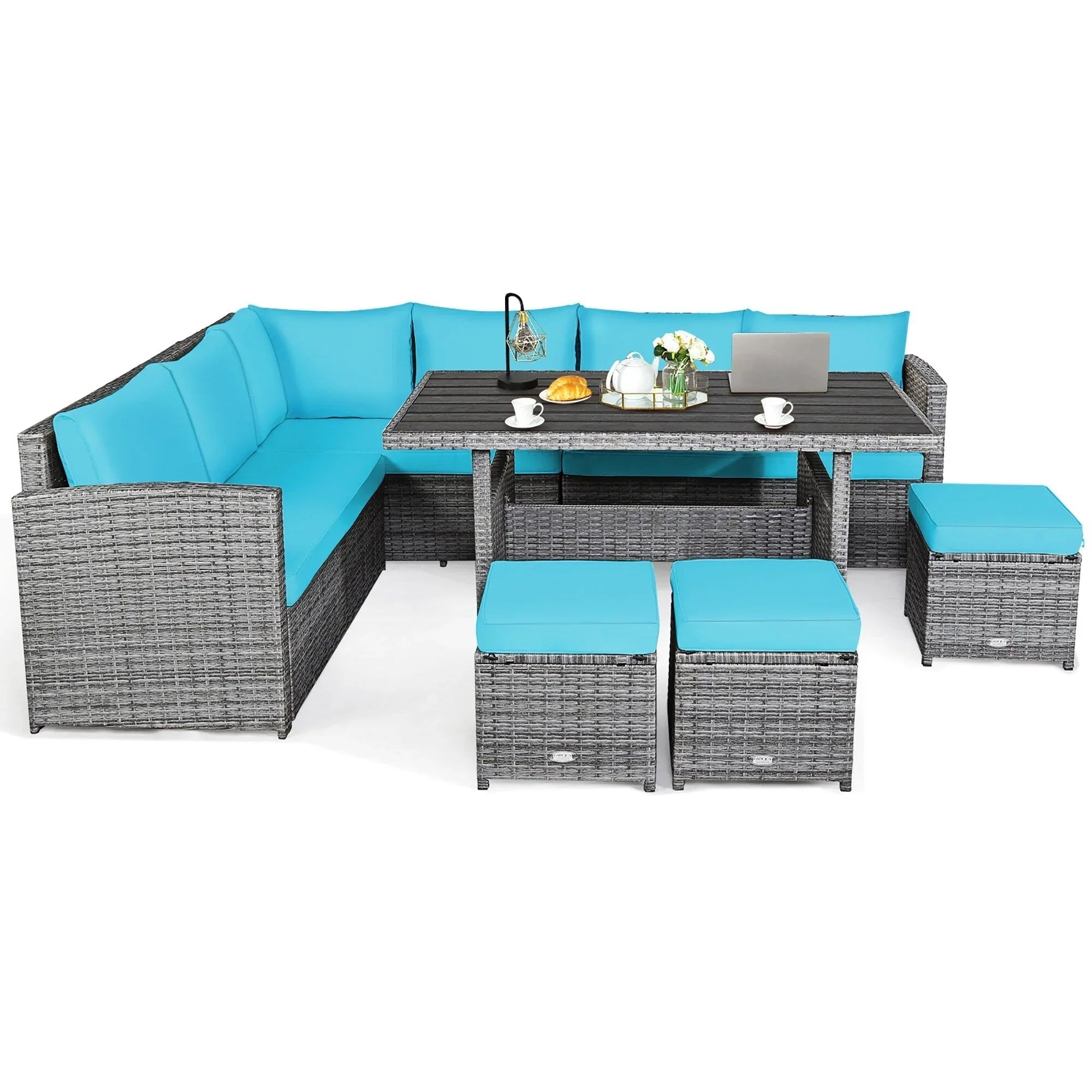 Ensemble de salle à manger Costway 7 pièces en rotin pour terrasse, canapé sectionnel et pouf - Voir détails