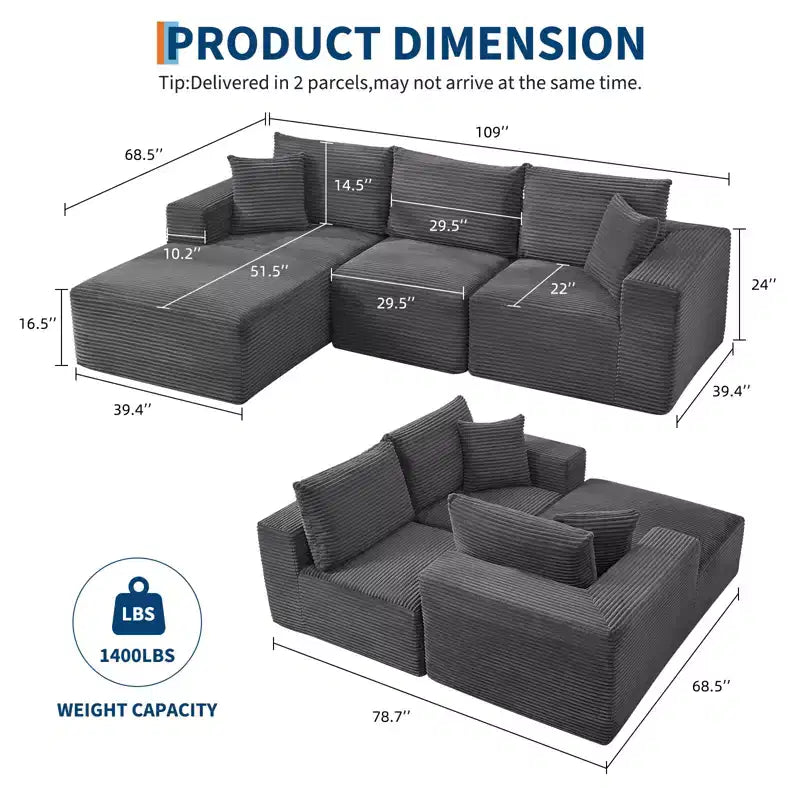 108 Modern Sofa Couch, 3 Seater Upholstered L Shaped Sofa with Pillows, Deep Seat Sofa, No Assembly Required