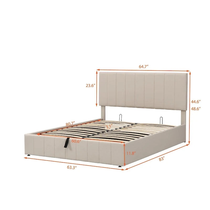 Lit plateforme rembourré Queen avec système de rangement hydraulique - Beige