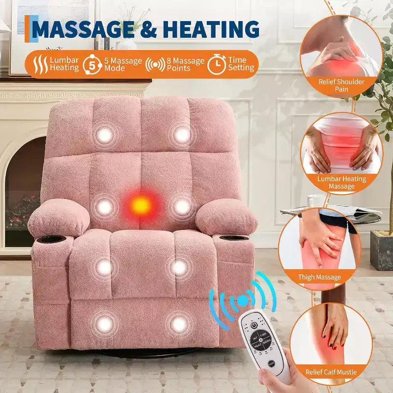 Fauteuil inclinable surdimensionné pour adultes, canapé berçant pivotant manuel, poches latérales et porte-gobelets pour personnes fortes et de grande taille, salon